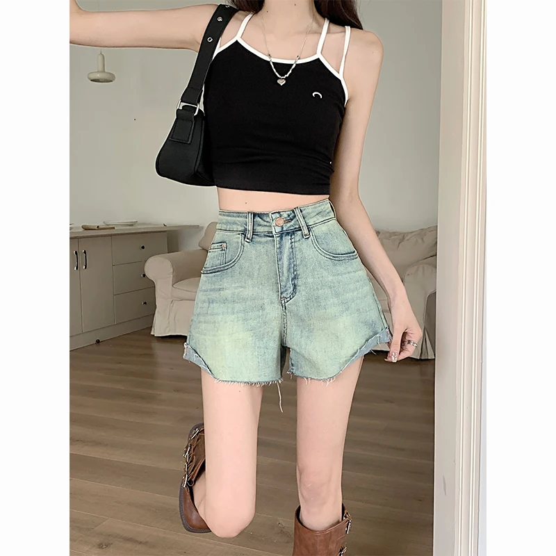 Y2k Fashion Jeans Shorts Raw Edge Blue Women Summer Baggy High Waist Pants Korean Style Streetwear Vintage Straight Denim Short