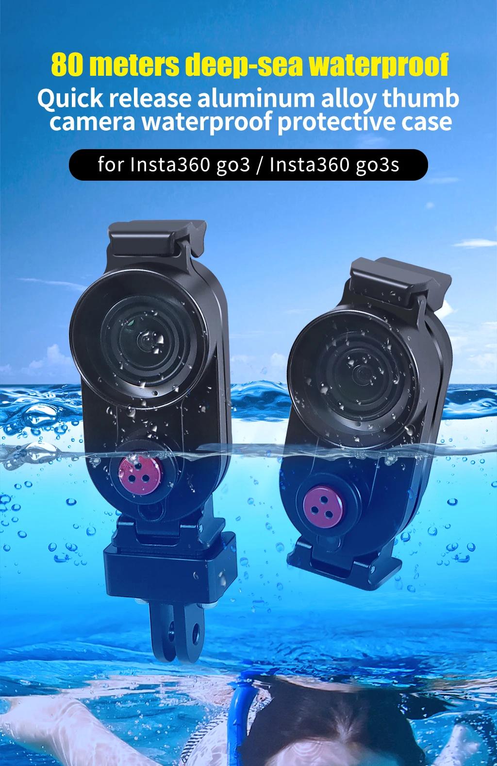 Aluminium 80 m wasserdichtes Tauchgehäuse für Insta360 GO 3 GO 3s Daumenkamera Unterwasserschale Schutzrahmen Schnellverschlusskäfig – Detail 1
