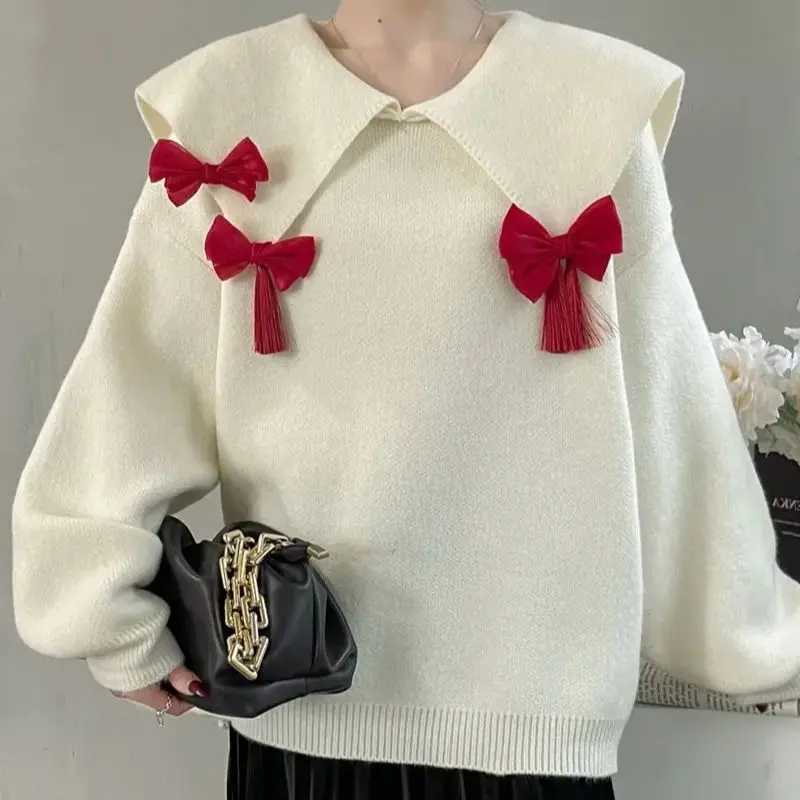 

Hsa Cute New Year sweet doll collar pullover sweater for women red autumn and winter new fashion style age-reducing bow knit Top