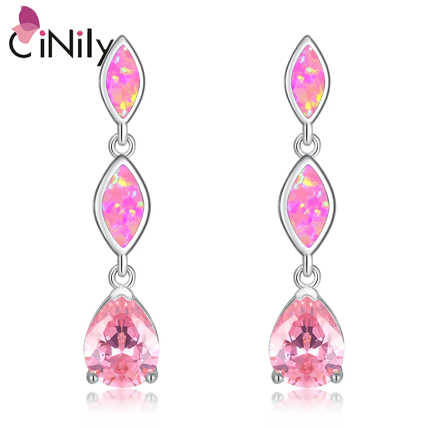 

CiNily Created Pink Fire Opal Pink Zircon Silver Plated Earrings Wholesale Fashion for Women Jewelry Stud Earrings 1 1/4" OH3374