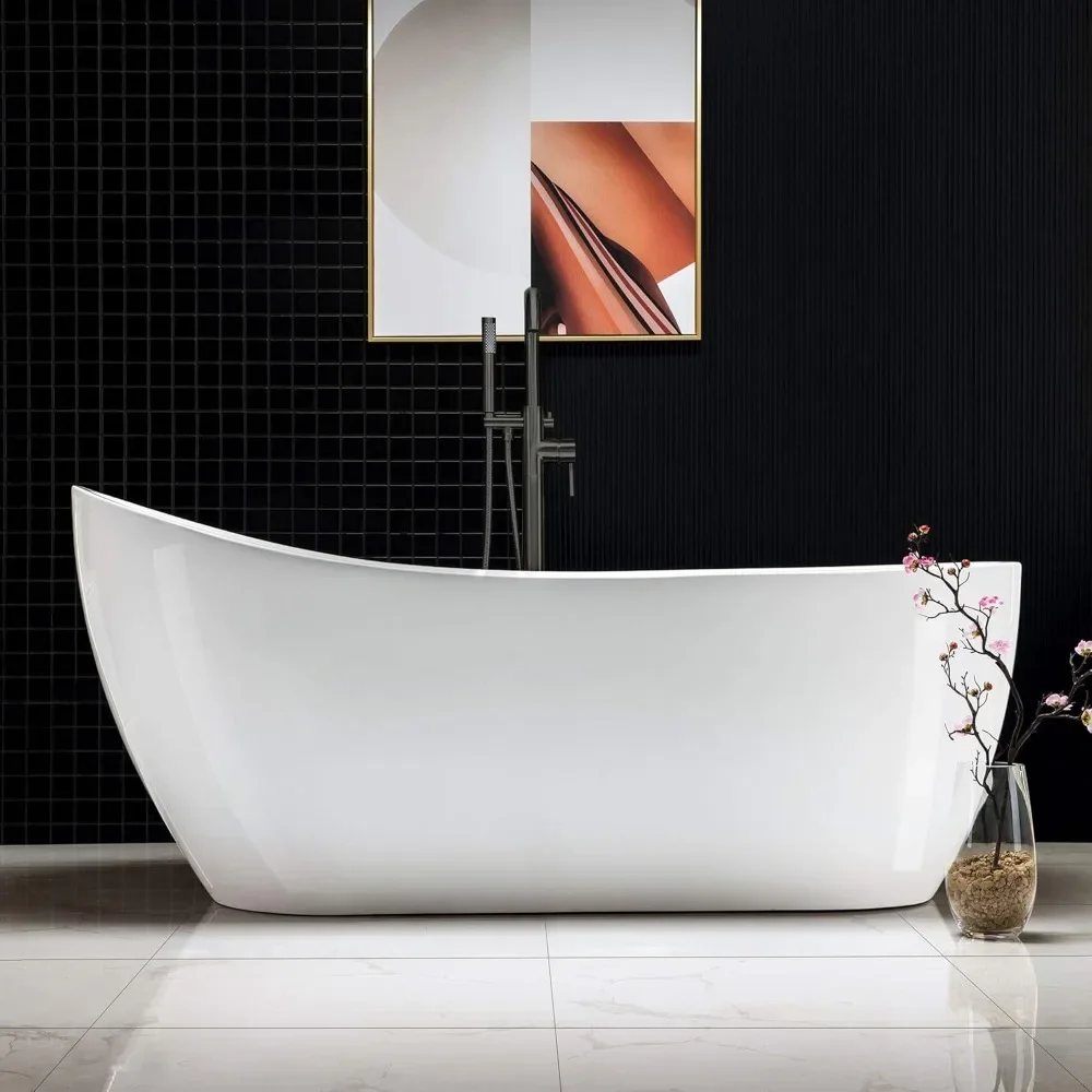 67" Freestanding Bathtub with Matte Black Overflow and Drain，Bottom with Stainless Steel Bracket Makes，Contemporary Soaking Tub 3