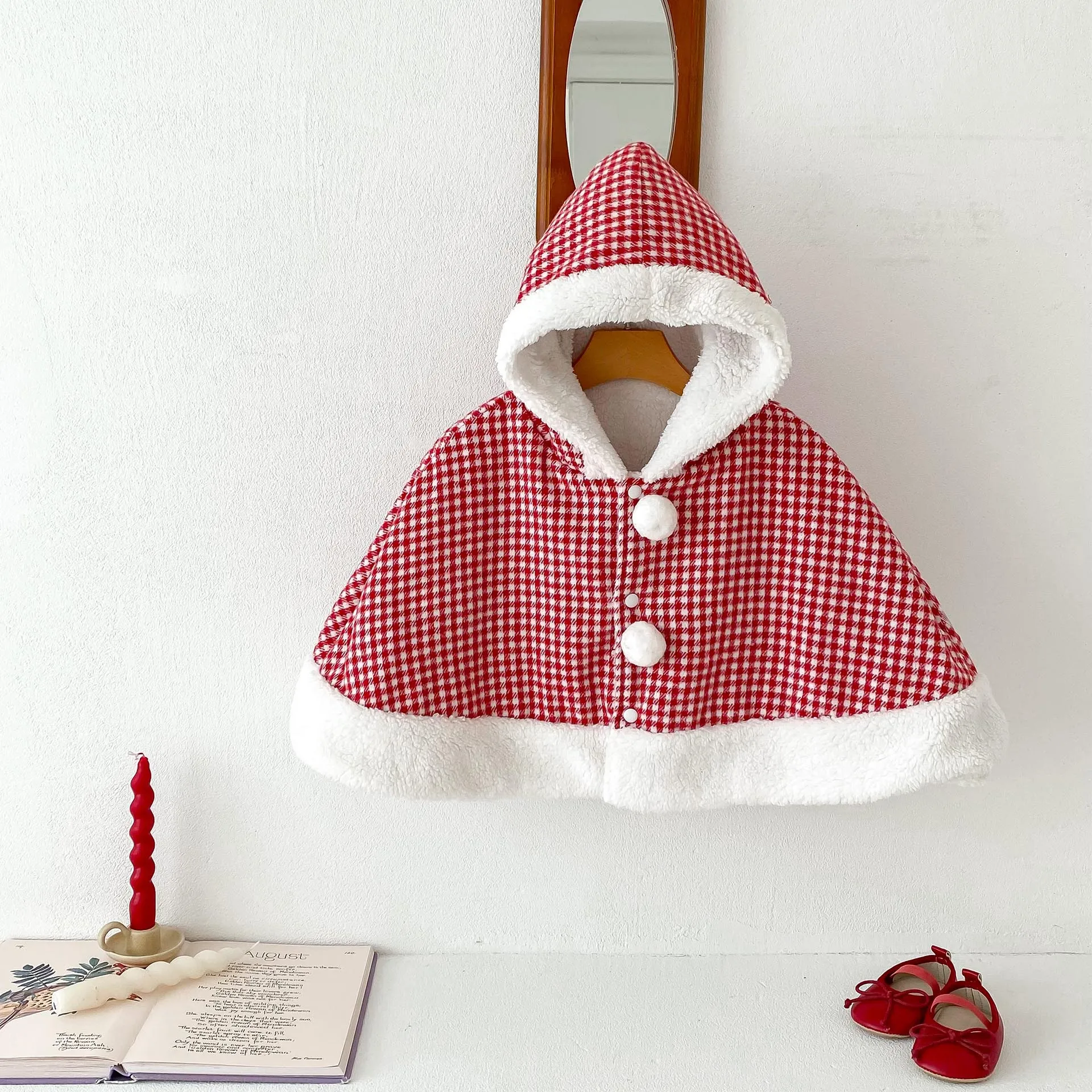 

Зимняя накидка для маленьких девочек, Рождественская бархатная клетчатая куртка с капюшоном для маленьких девочек, ветрозащитная шаль для маленьких девочек, верхняя одежда