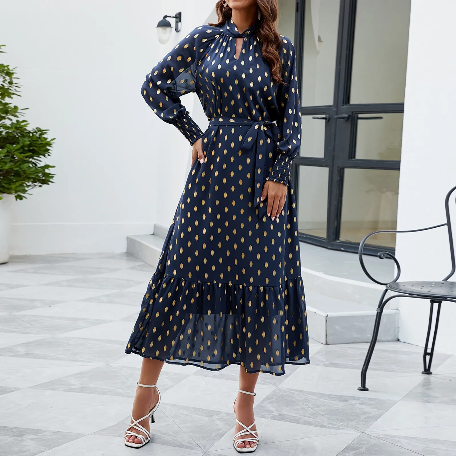 

High Waisted Holiday Dresses Woman Party Night Long Sleeve High Collar Sexy Dress Belted Ruffle Hem Flowy Long Dresses Vestidos