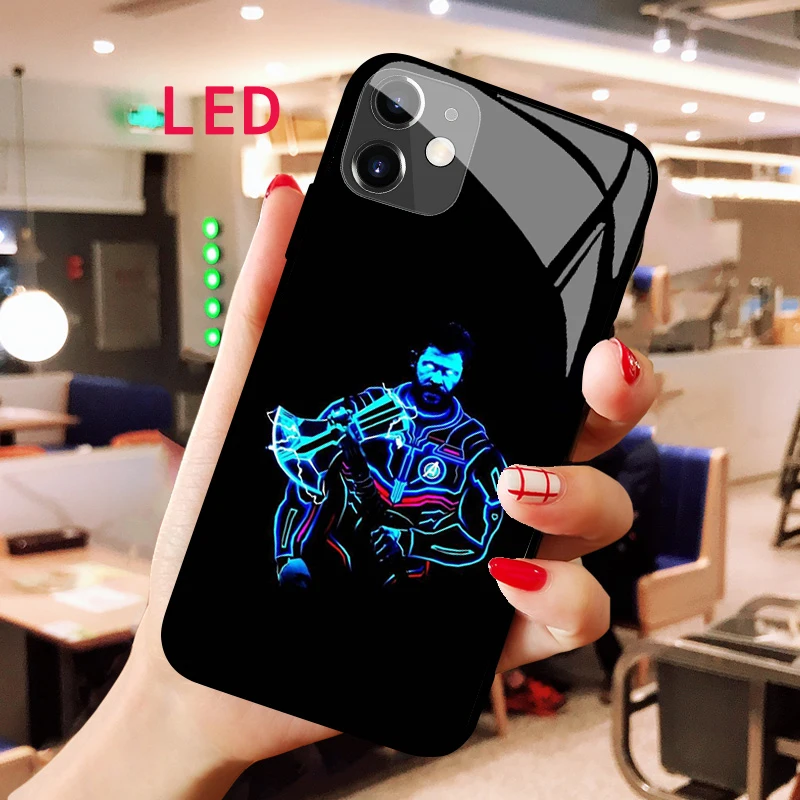 Luminous Tempered Glass phone case For Apple iphone 12 11 Pro Max XS mini Thor Acoustic Control Protect LED Backlight cover ant man luminous tempered glass phone case for apple iphone 12 11 pro max xs mini acoustic control protect led backlight cover