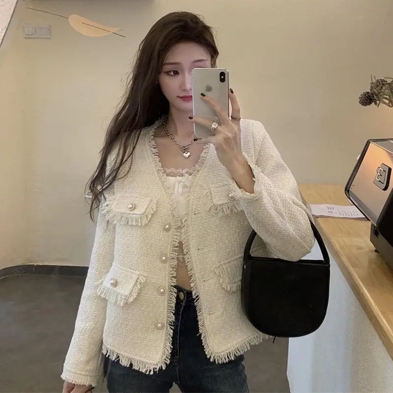 Women Tweed Jacket Raw Edge Coat Long Sleeve V-neck Korean Chic Coat Single-breasted Pocket Tops Casual Mujer Clothes New