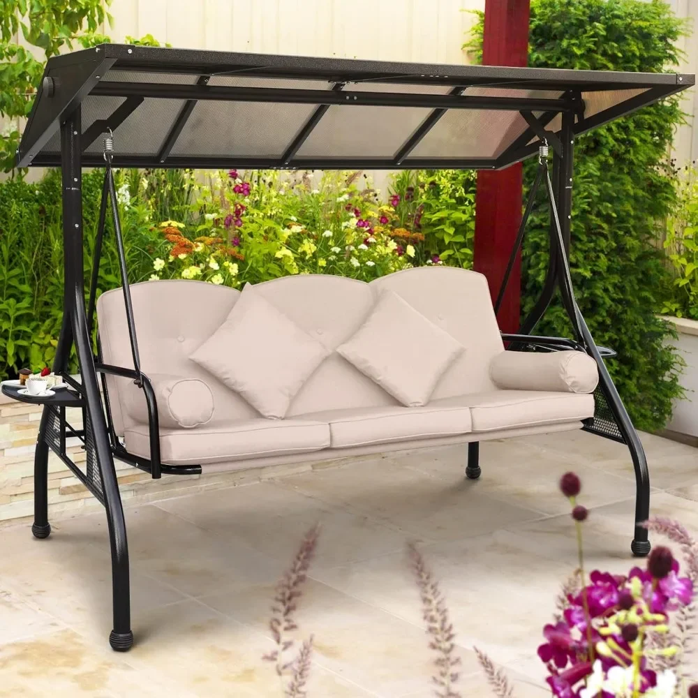 Outdoor Porch Swing 3 Person with Hardtop, 2 Side Cup Holder, Convertible Backrest, Cushion, 2 Pillows, Outdoor Swing 6