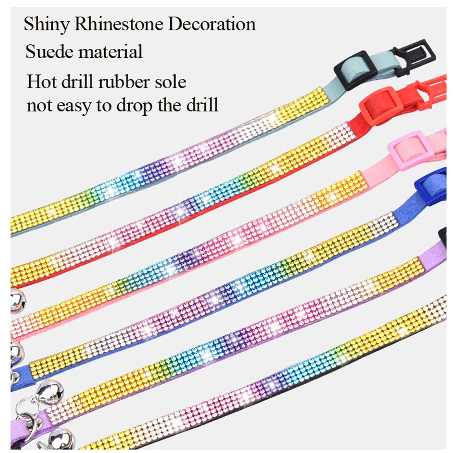 Small Cat Collar Rhinestone Breakaway Shiny Pet Goats Necklace Collier Chain Quick Release Safety Soft Suede Luxury for Kitten 2