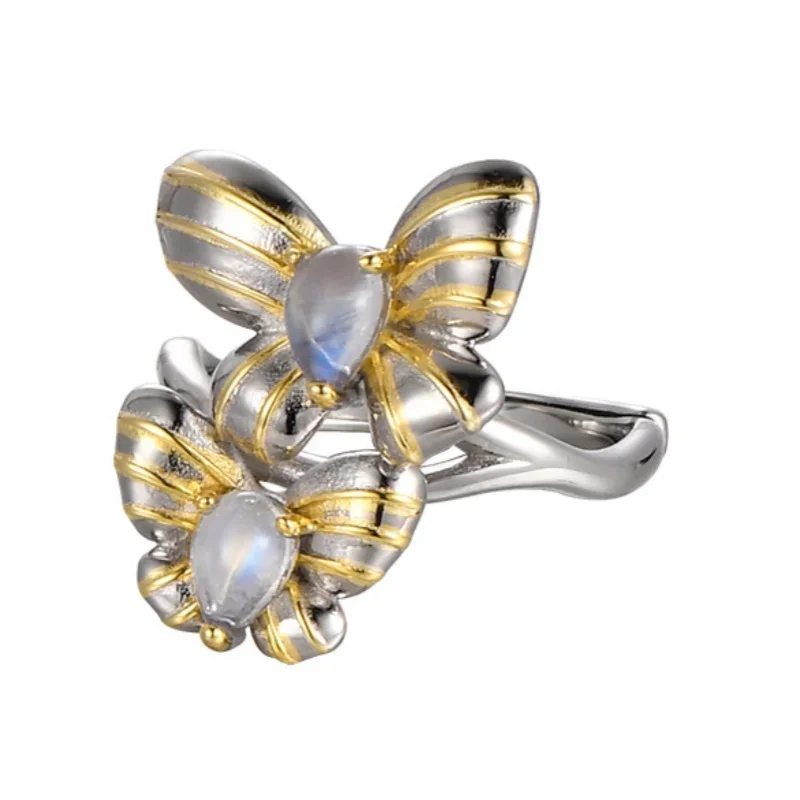 S925 Sterling Silver Rings For Women New Fashion Contrast Colored Flowers Inlaid Moonstone Simple Punk Jewelry Free Shipping
