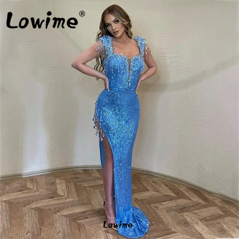 

Blue Sparkly Party Dress Crystals Long Split Sexy Evening Gowns 2023 Robe De Soiree Sequined Mermaid Celebrity Prom Dresses