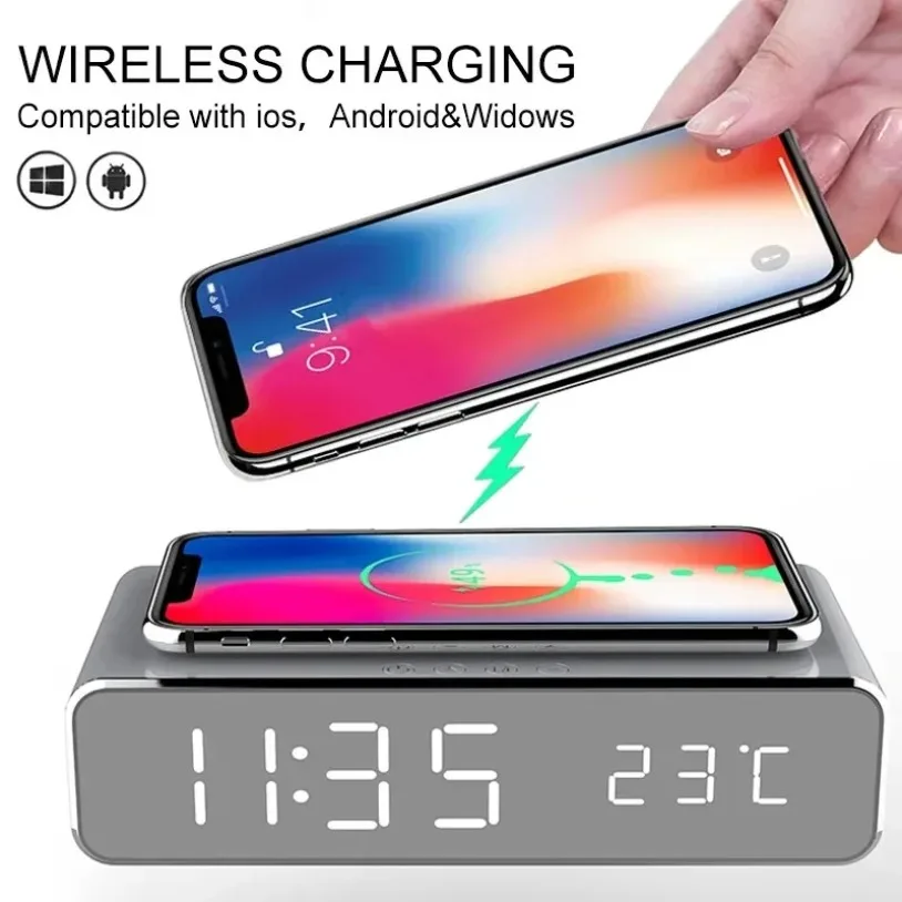 LED Digital Thermometer Wireless Charger Time Alarm Clock Earphone Phone Chargers Fast Charging Dock Station for iPhone Samsung
