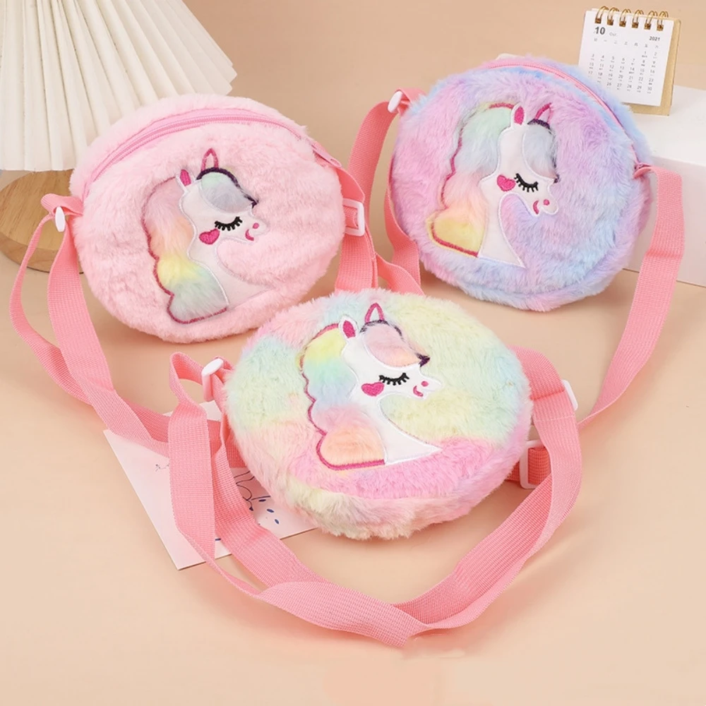 Kawaii Unicorn Bag For Girls Plush Shoulder Bag Children Crossbody Bags Mini Round Messenger Bag Kid Keys Coin Purse Small Pouch