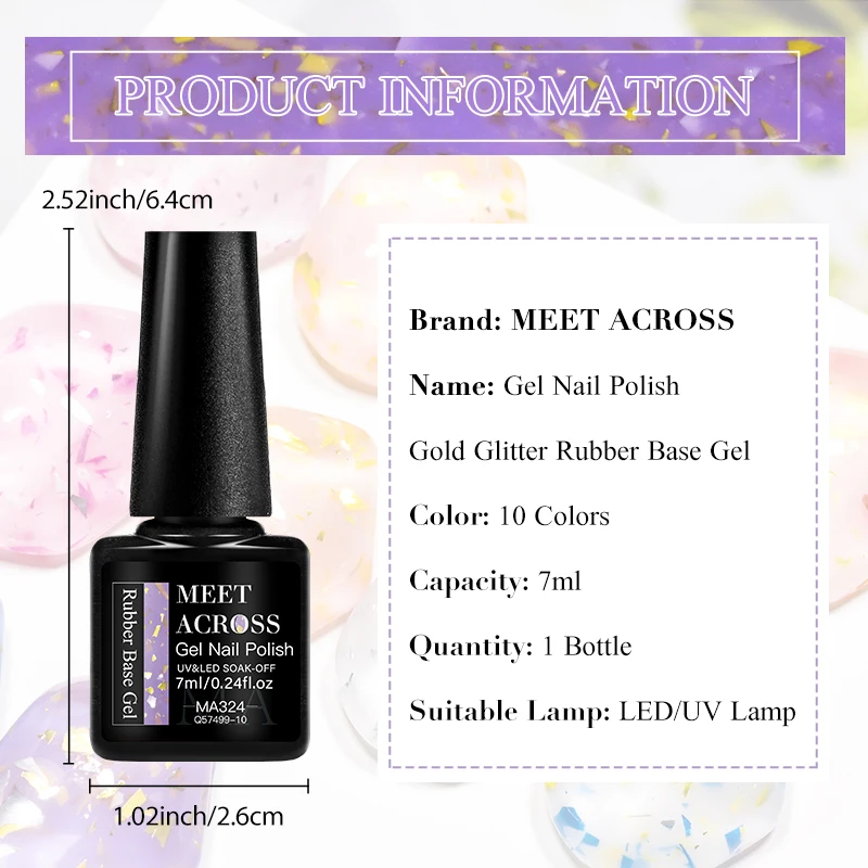 Description Picture 3 of itemMEET ACROSS 7ml Glitter Rubber Base Gel Nail Polish Gold Foil Base Gel Top Coat Soak Off UV Gel Nail Art Varnish For Manicure