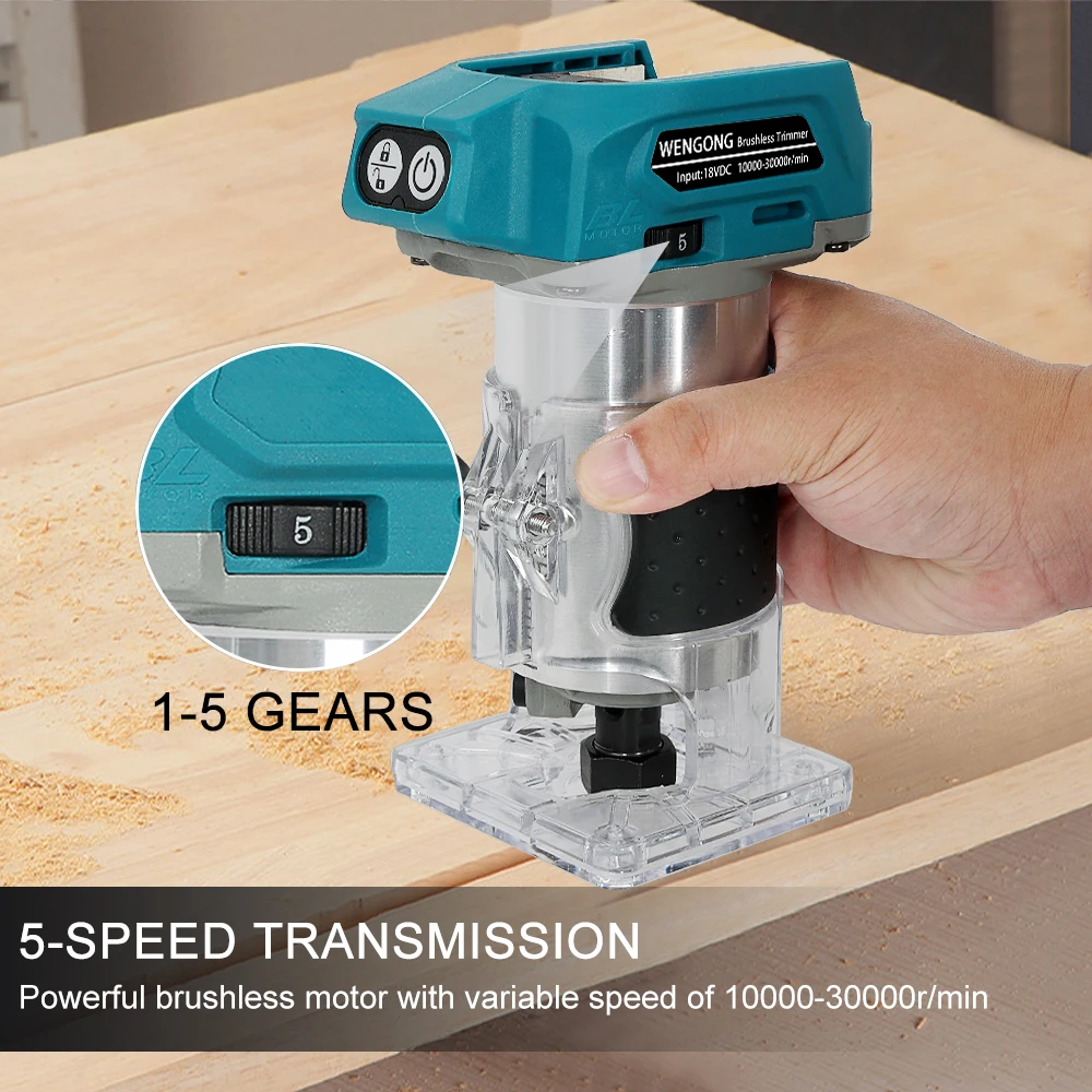 Brushless Electric Trimmer 5 Speed Adjustable Cordless Compact Wood Router Woodworking Engraving Slotting for Makita 18V Battery 5