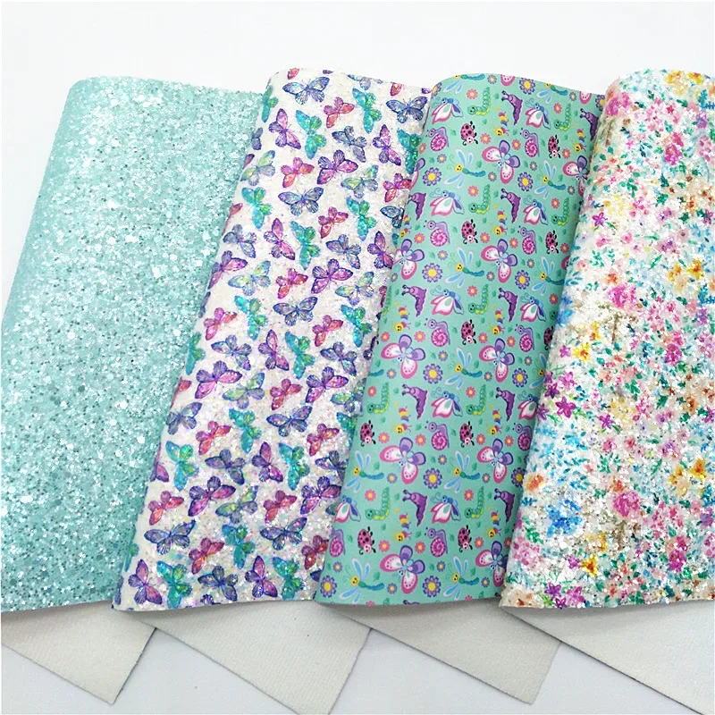 Blue Chunky Glitter Leather Butterflies Flowers Printed Glitter Fabric Synthetic Leather Vinyl Sheets For Bows DIY 21x29CM Q817