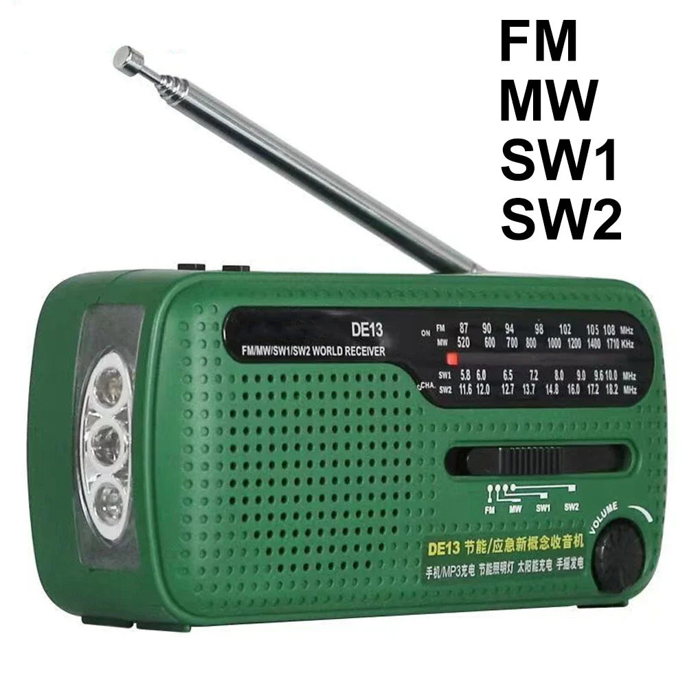 

Emergency Radio FM Solar Portable FM Radios FM MW SW1 SW2 87MHz-108MHz Mono Crank Power Pole with Lithium Battery