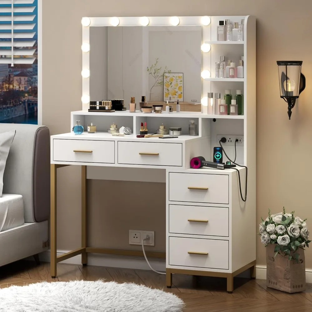 

Vanity Desk with Lighted Mirror & Power Outlet, Makeup Table with 5 Drawers, Two Cubby & Shelf, Vanity Dresser with 11 Lights