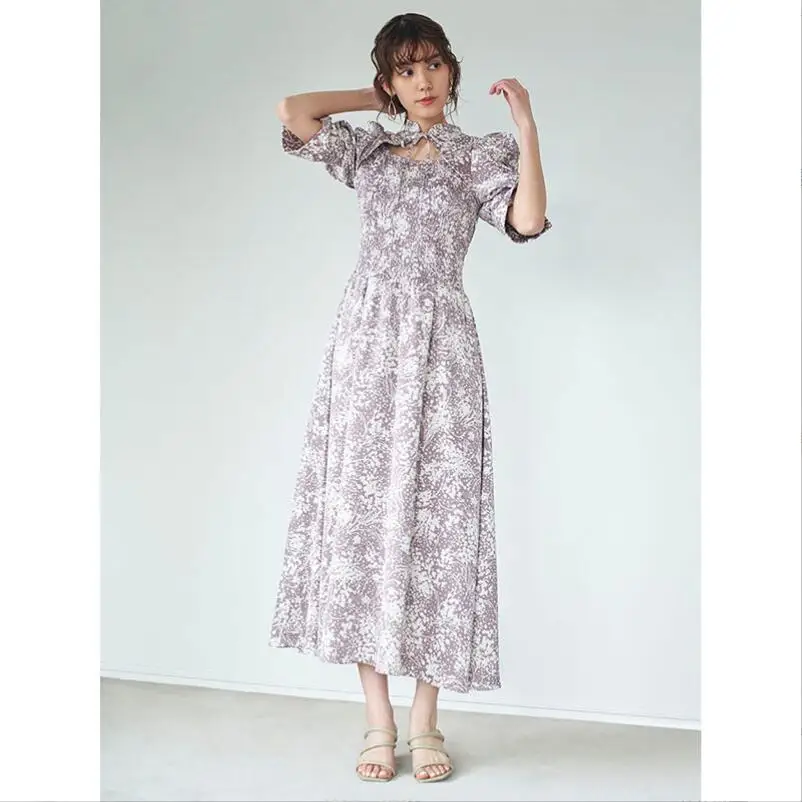 

Stand Collar Lace Up Hollow Out Dress Women Short Sleeve Vestidos Elasticity Printed Slim Dresses Japanese Gentle Robes w311