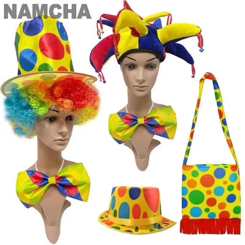 

New Halloween Clown Hat with Bells Funny Wig High Hat Bow Tie Backpack Masquerade Theater Performance Costumes Accessories Props