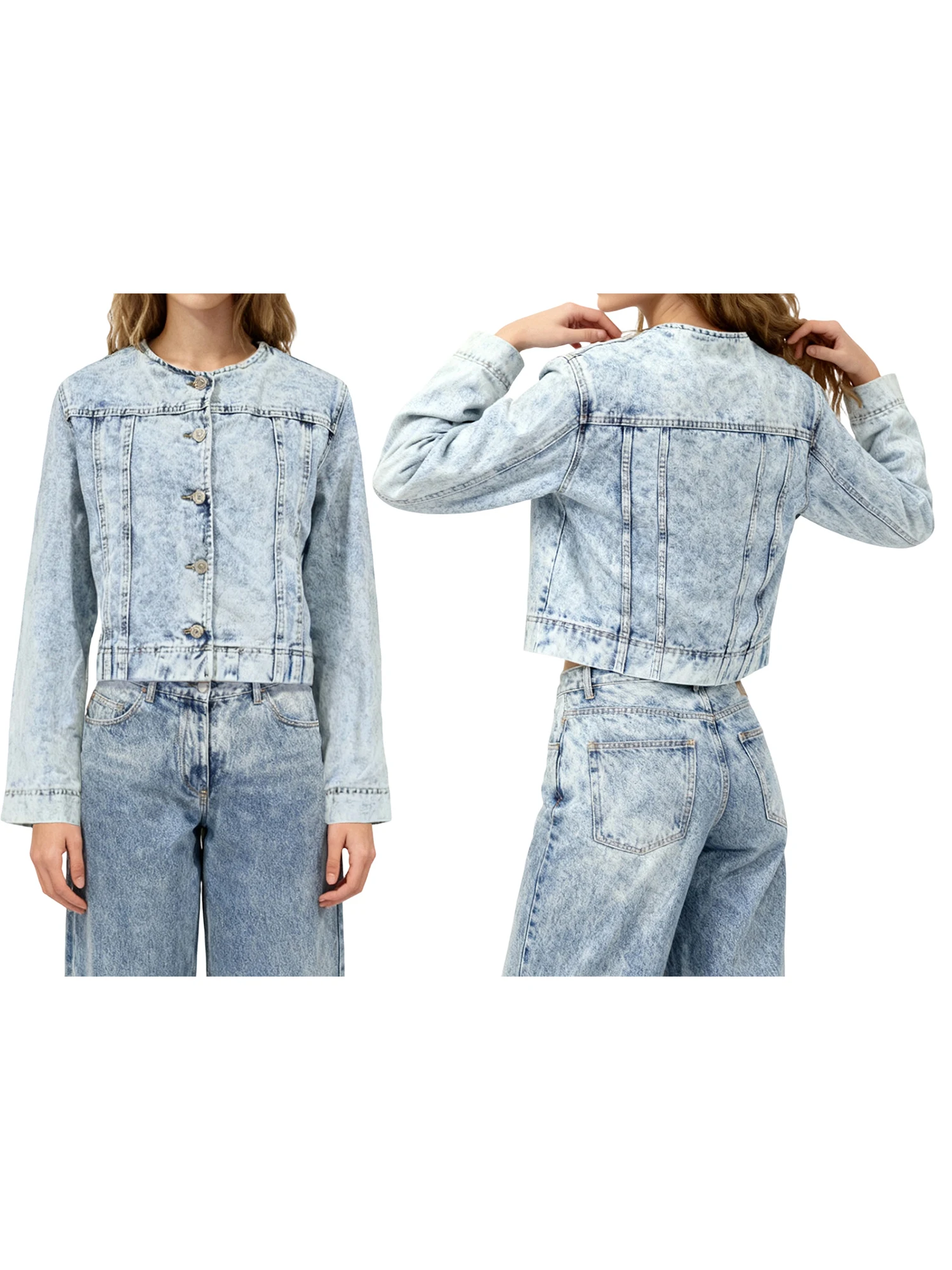 Women s Denim Jacket with Long Sleeves and Round Neckline in Solid Color Featuring Button Down Closure and  Fit Design for