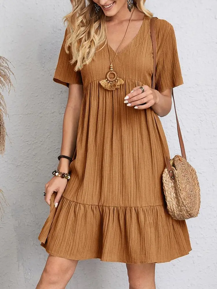 Elegant V Neck Ruffle Mini Dress - Womens Casual Summer Sundress