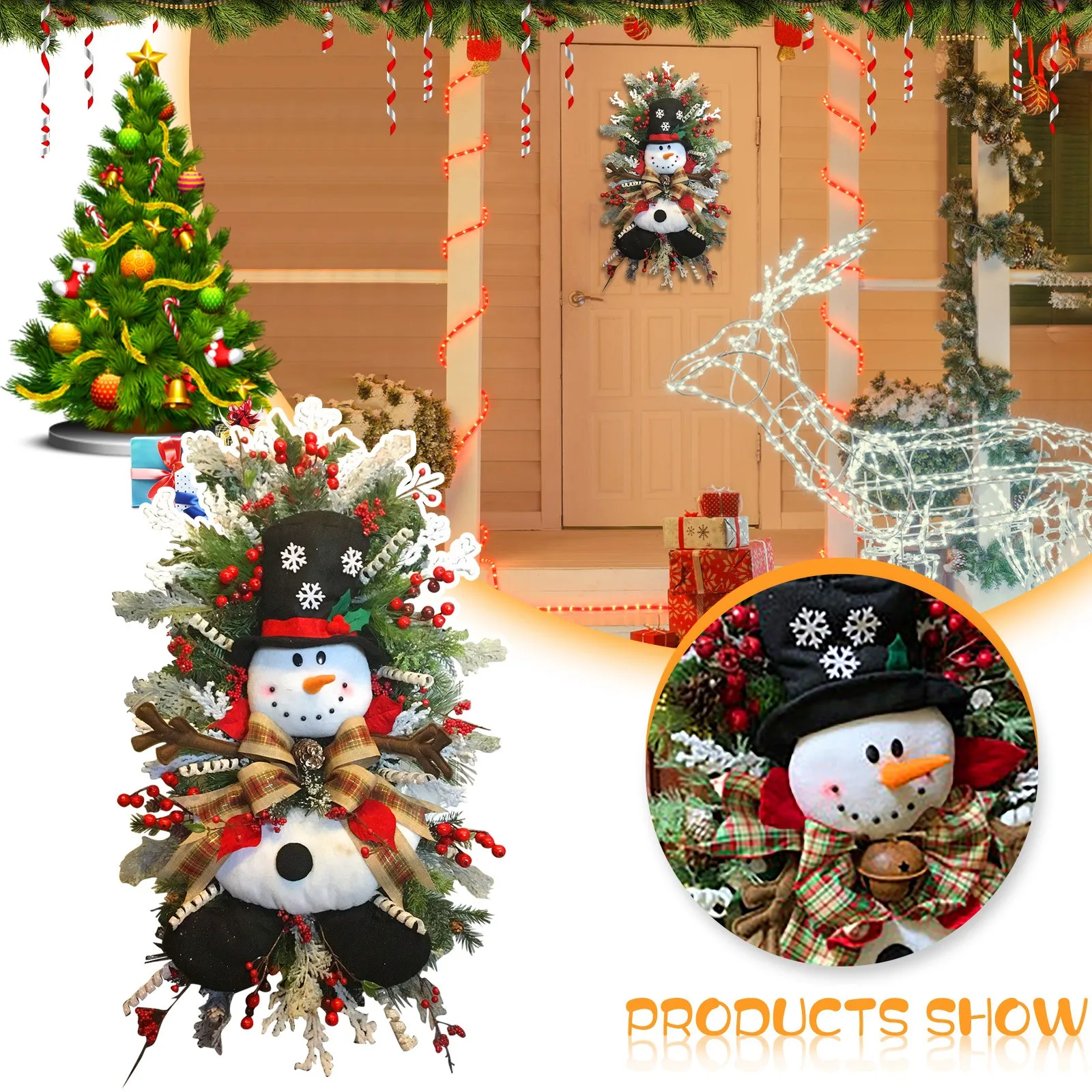 Christmas Decoration Snowman Swag Wreath, Christmas Hanging Ornaments Front Door Wall Decorations Merry Christmas Tree Wreath