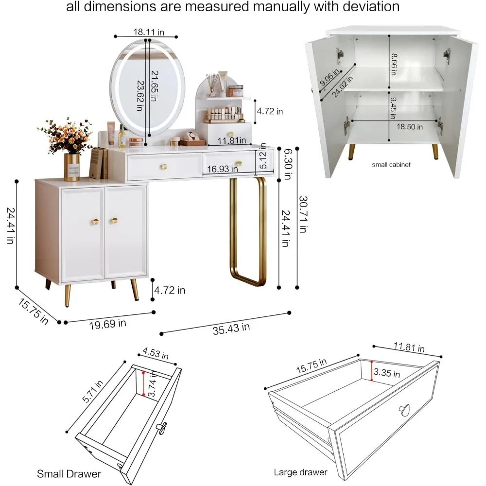 White,Vanity Desk with Mirror and Lights,Small Makeup Vanity with 2 Spacious Drawers,Modern Makeup Table with Adjustable Cabinet