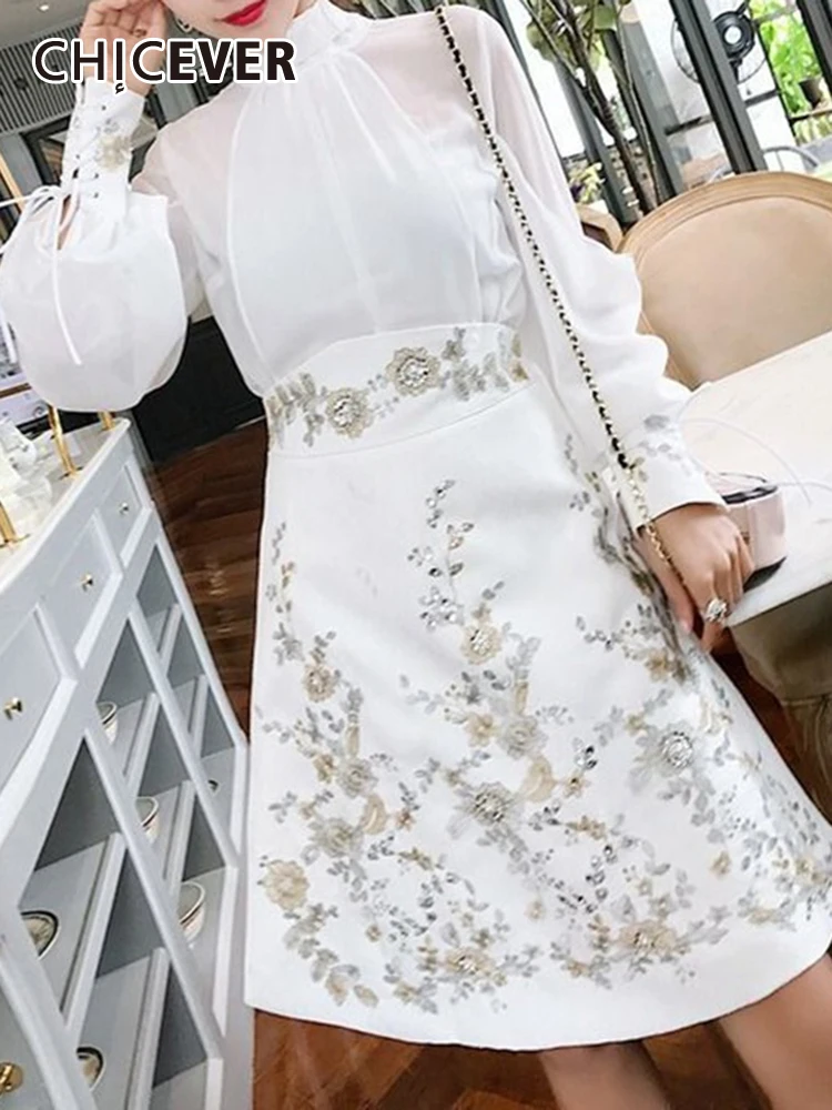 

CHICEVER Spliced Embroidery Two Piece Sets For Women Stand Collar Long Sleeve Top High Waist Hit Color Skirt Korean Set Female
