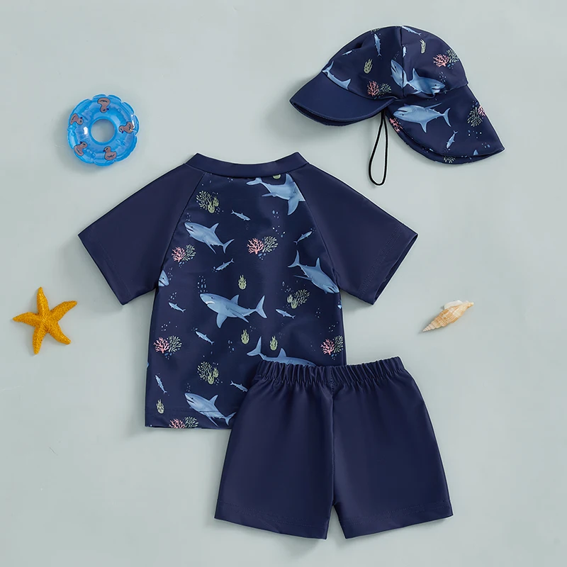 Toddler Baby Boys Swimsuit Set Summer Cute Print Zipper Short Sleeve Rash Guard and Swim Trunks and Hat Swimwear Beachwear