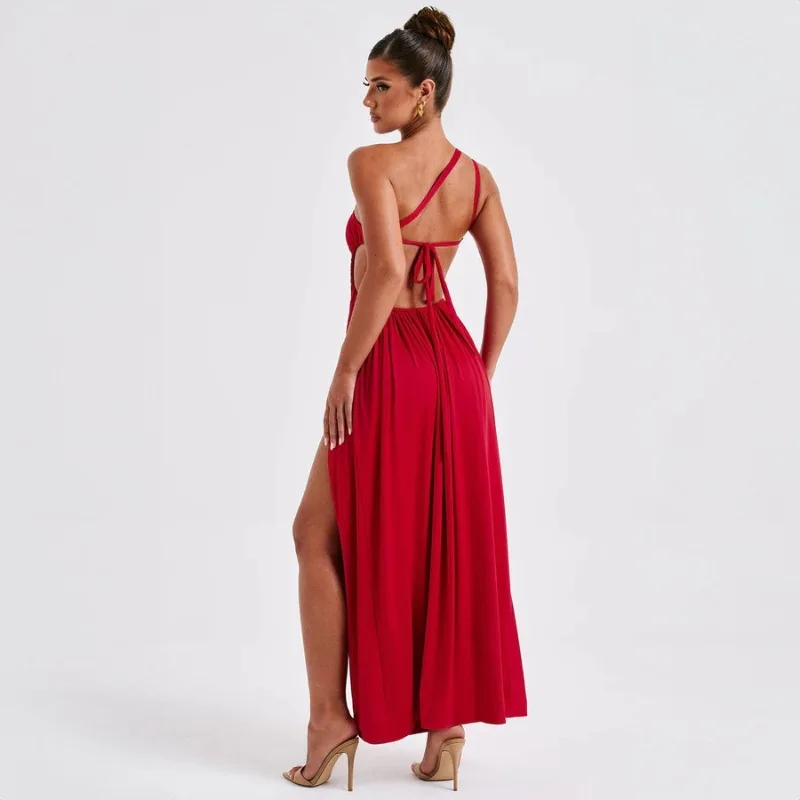 New Summer Women's Diagonal Neck Halter Strap-up Dress Fashionable and Sexy Split-end Solid Color Sleeveless Dress Evening Dress