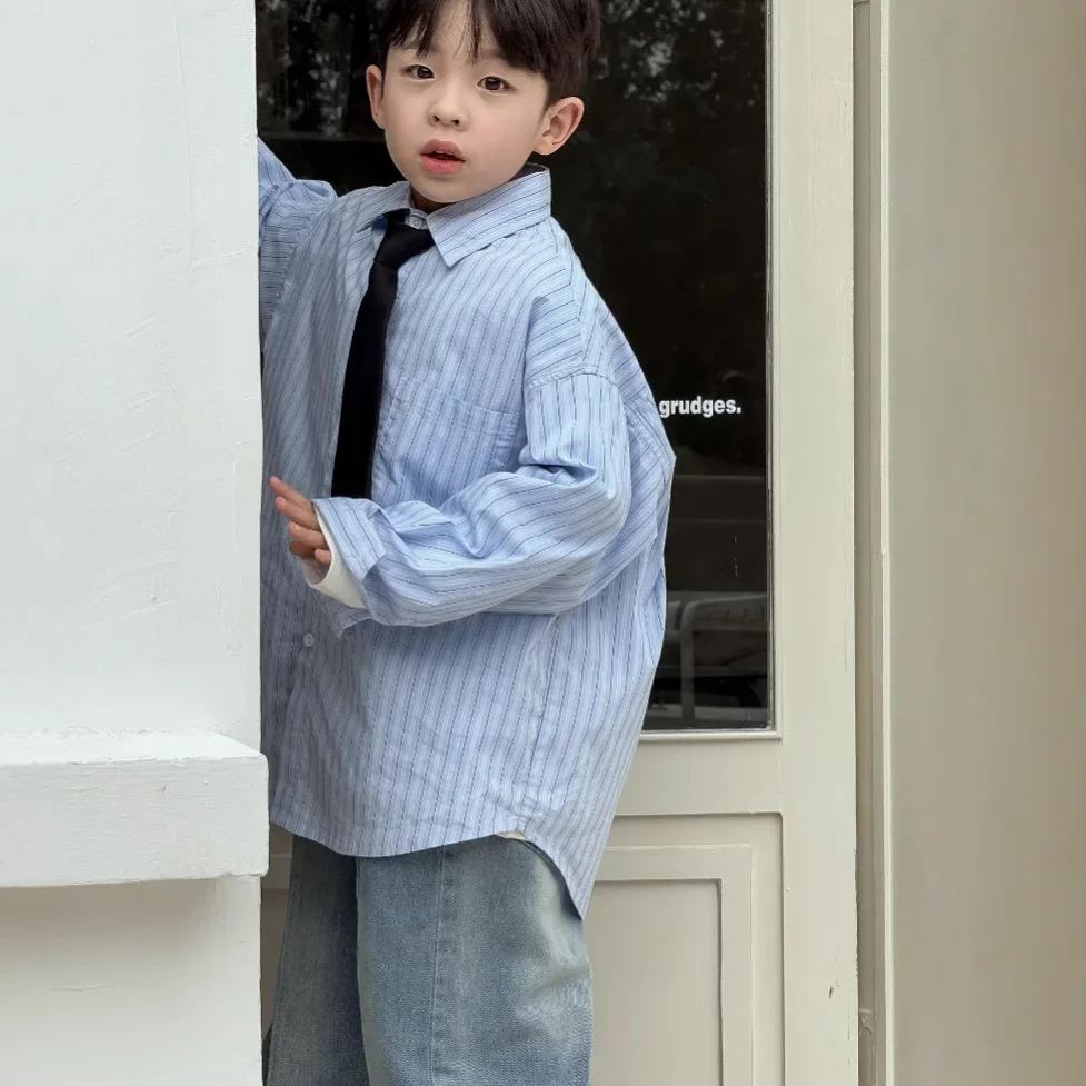 Blue Washed Cotton Shirt for Boys Spring Hot Sale Of The Season Korean Vertical Stripes School Style Tie Children's Clothing Top