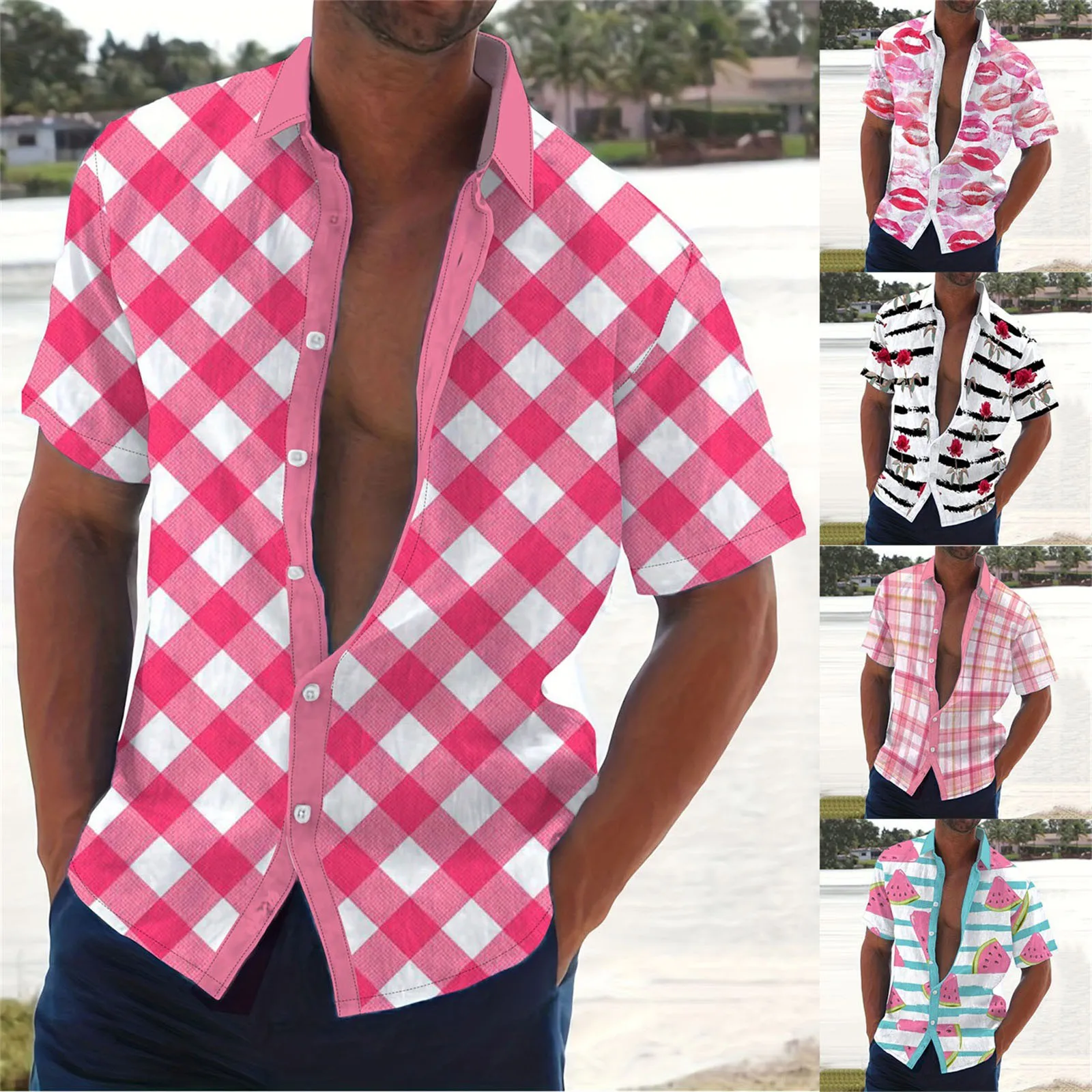 

Mens Fashion Valentines Day Short Sleeved Button Down Shirt Social dress shirt European American Style