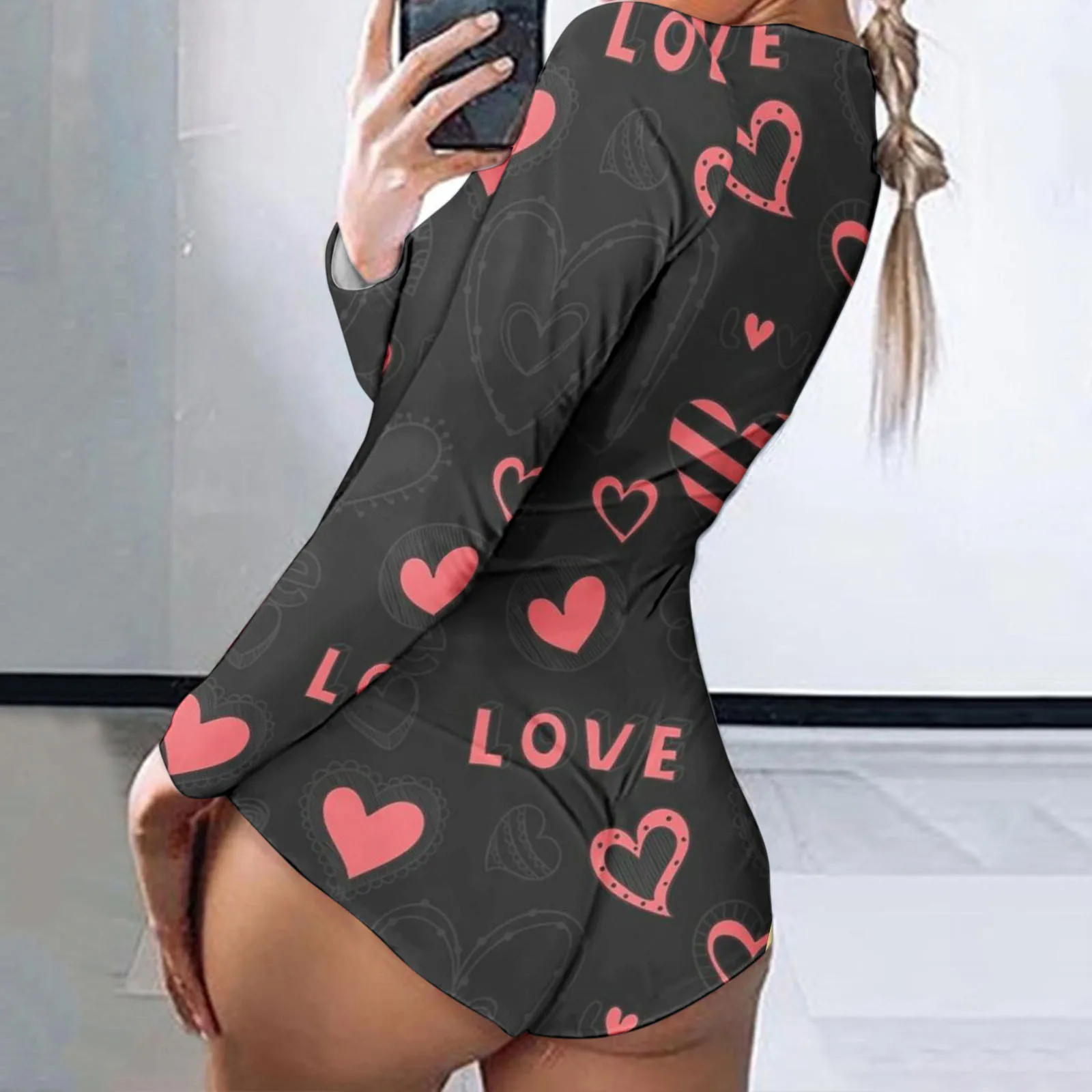 Valentines Day Women Onesie Pajamas Buttoned Butt Flap Jumpsuit Sleepwear Mouth Lips Heart Printed Adults Onesies Pyjama