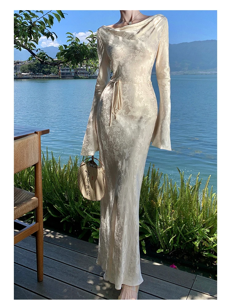 French Vintage Evening Dresses for Women Autumn Bodycon Wedding Prom Robe Flare Sleeve Swinging Collar Midi Vestidos Mujer New