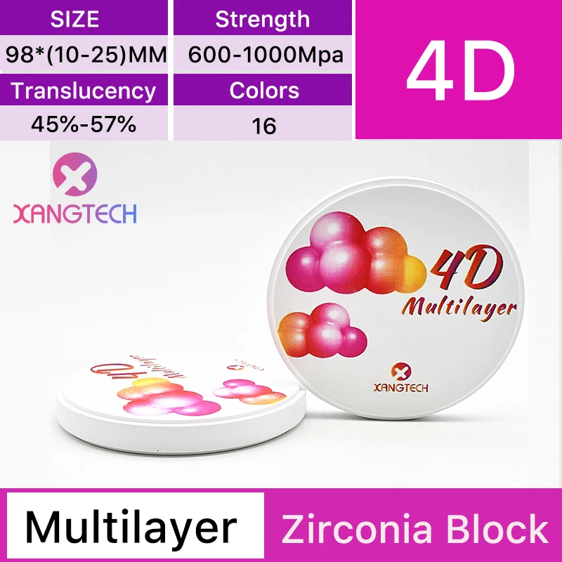 

XANGTECH 4D Multilayer Zirconia Blocks Zirconium Disk Thickness 14-20mm Dental Lab Material CAD CAM 98mm System Vita 16 colors