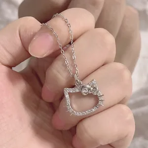 Ожерелье Sanrio с милым мультяшным рисунком Hello Kitty, кольцо с бриллиантами и цепочкой до ключиц, подвеска из стерлингового серебра, милый подарок на день рождения для девушки