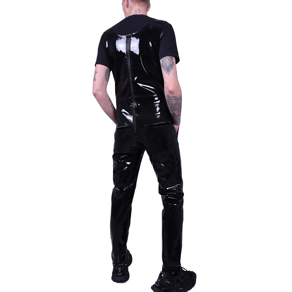 Wetlook Mens Jumpsuit Pockets Strap Suspender Pants Glossy PVC Leather Bib Pants Solid Color Streetwear Gothic Overalls Rompers 5