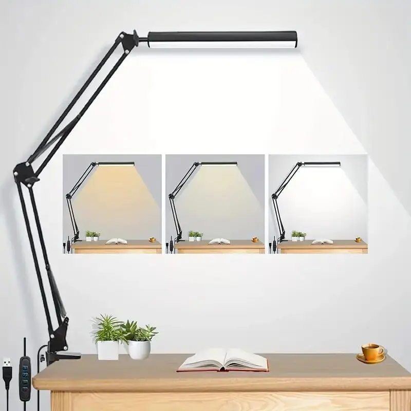 Adjustable Eye-Caring LED Desk Lamp with Clamp - 3 Color Modes & 10 Brightness Levels for Home, Reading, and Study