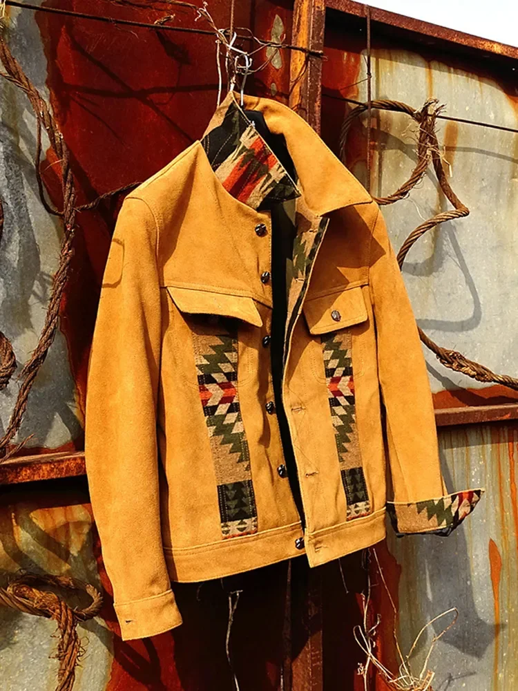 

2023 New Arrival Spring Man Genuine Cow Suede Leather Coat with Navajo Tribe Pattern Patchwork Young Male Short Jacket 4XL 5XL