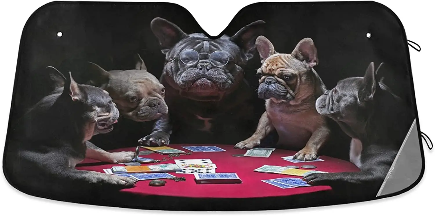 

French Bulldogs Playing Cards Car Windshield Sunshade Cute Dog Front Truck Window Sun Shade Foldable Sun Shield Cover Blocks SUV