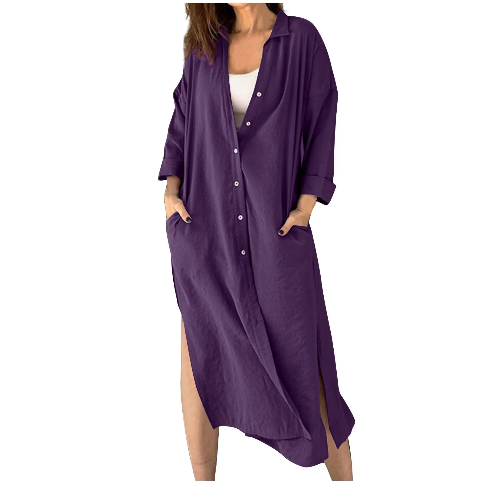 

Women'S shirt dress Casual Loose literal Temperament Long Sleeved Pocket shirt Dress Solid Color lapel High-Quality Dress 욕망원피스