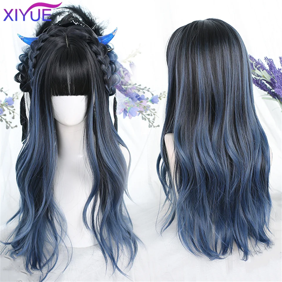 

XIYUE Long Natural Wavy Blue Platinum Blonde Wigs with Bangs Cosplay Party Lolita Synthetic Wigs for Women Heat Resistant Fiber