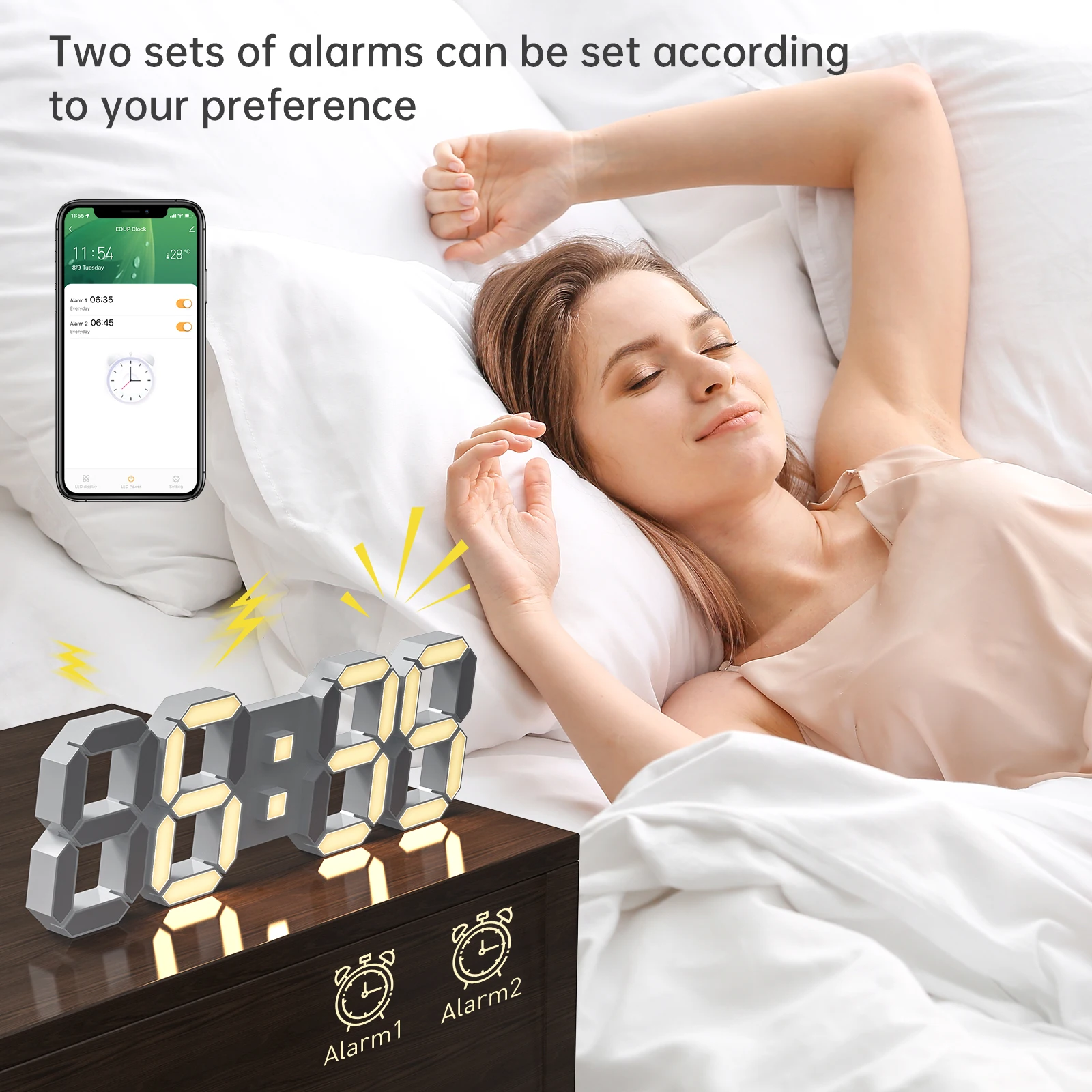 EDUP Wall Clock Tuya Smart Clock Time Date Display 6/8 Colors Alarm Clock with APP Control Wall Hanging Modern Design Home Decor
