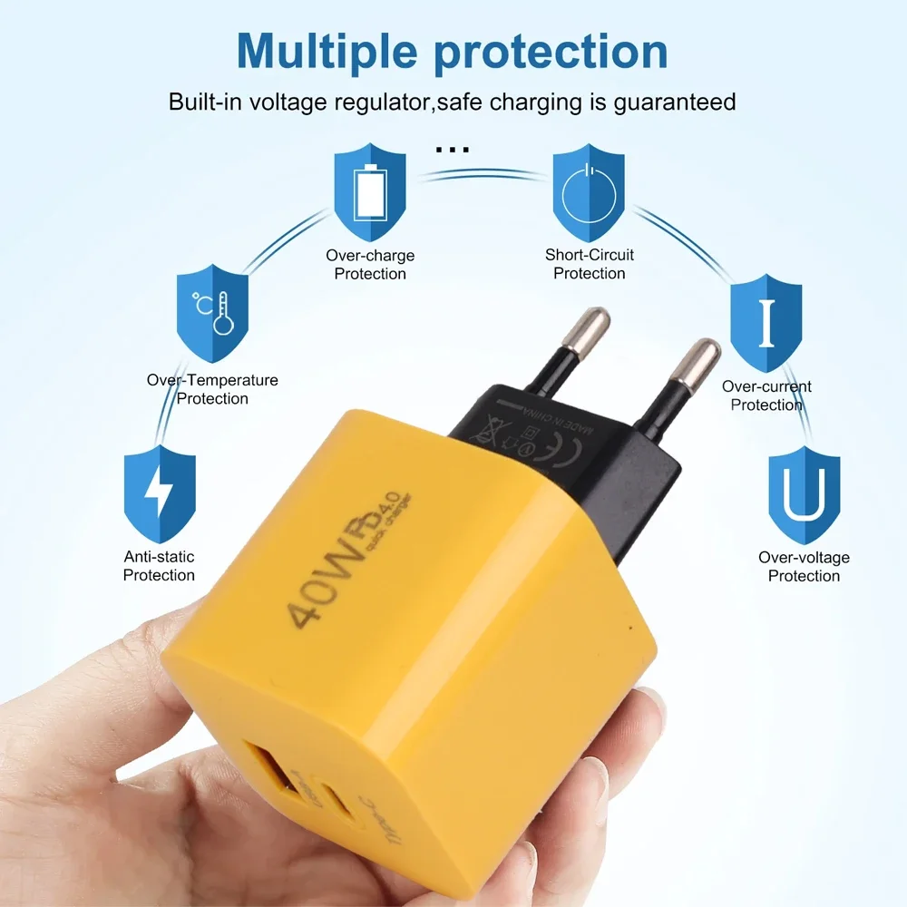 PD USB Mobile Phone Wall Charger 40W Fast Charging Adapter Type-C Quick Charge 3.0 Chargers for iPhone Xiaomi Samsung EU/US Plug