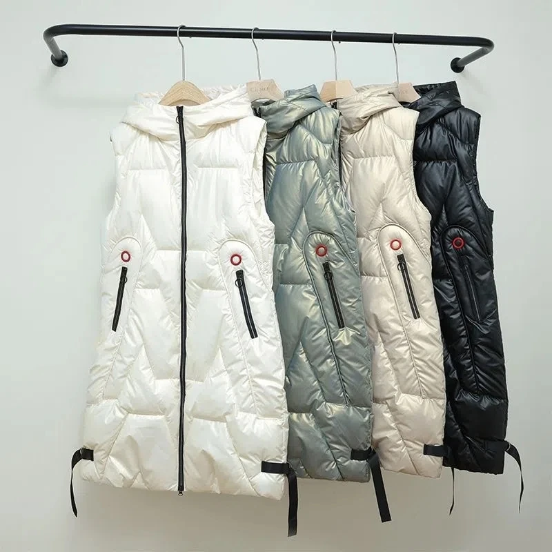 Long Hooded Down Cotton Vest 2022 Autumn Winter Jacket Vest Jackets Outwear Waistcoat Loose Fat Female's Sleeveless Coat Retro