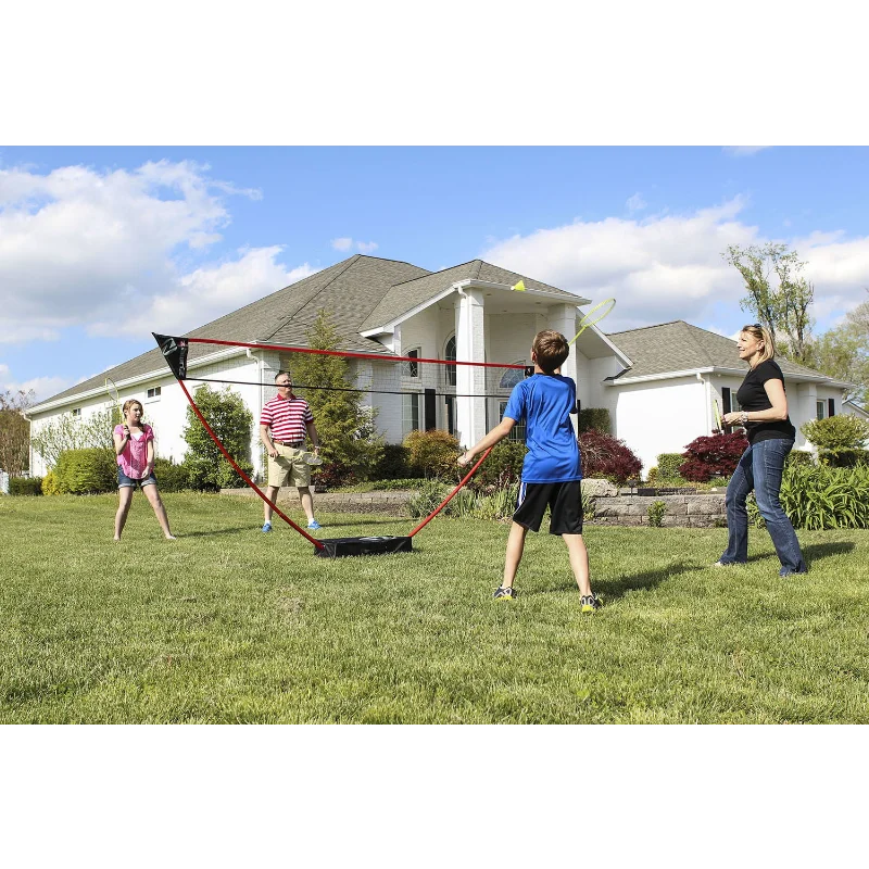 

Zume Games Portable Badminton Set with Freestanding Base Sets Up on Any Surface in Seconds. No Tools or Stakes Required