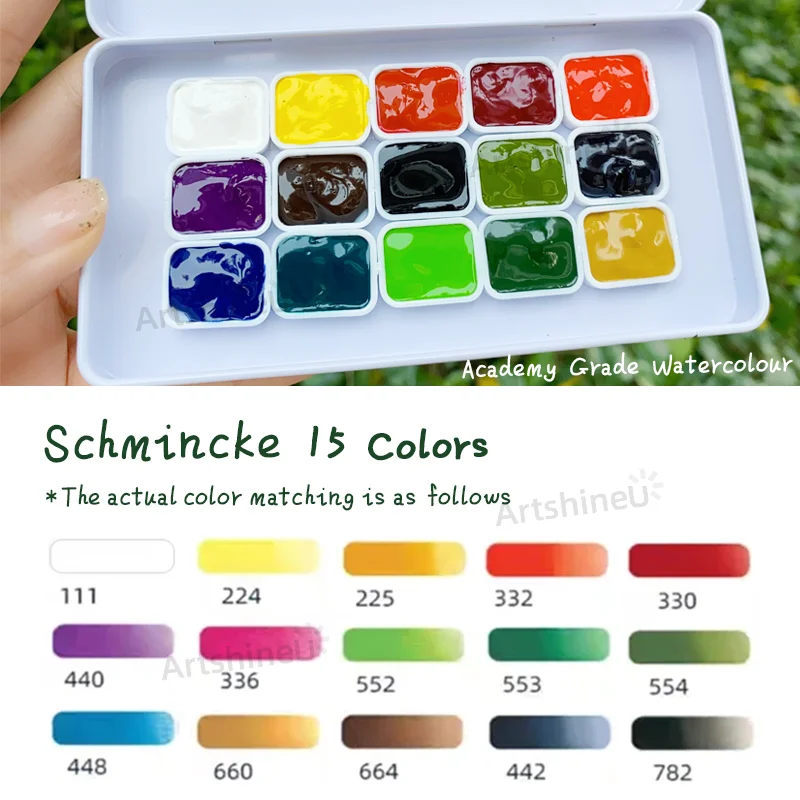 휴대용 페인팅 키트, 15가지 기본 슈민크 색상, 순수 목재 펄프 수채화 종이 패드, 팔레트, 예술가 초보자를 위한 여행용 펜