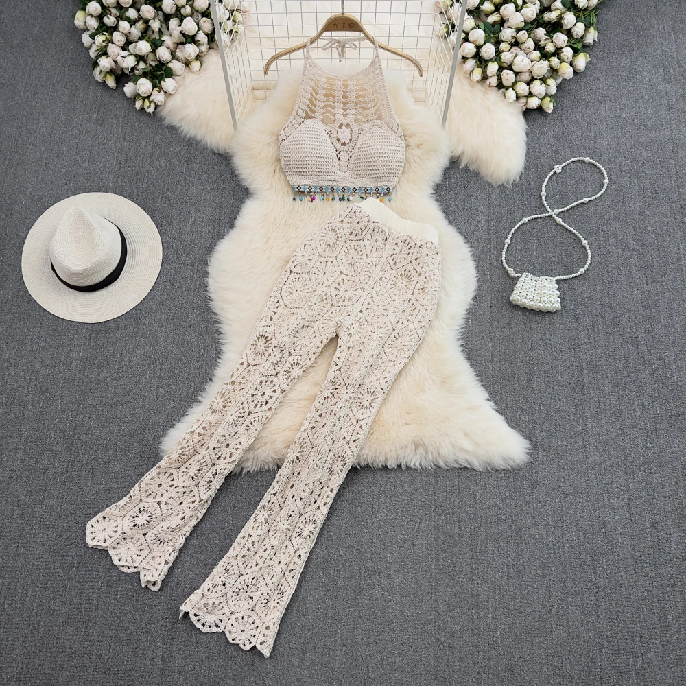 

Seaside Holiday Suit Women's Halter Neck Off-the-shoulder Hook Flower Hollow Vest Outer Wear Casual High Waist Slim Flared Pants