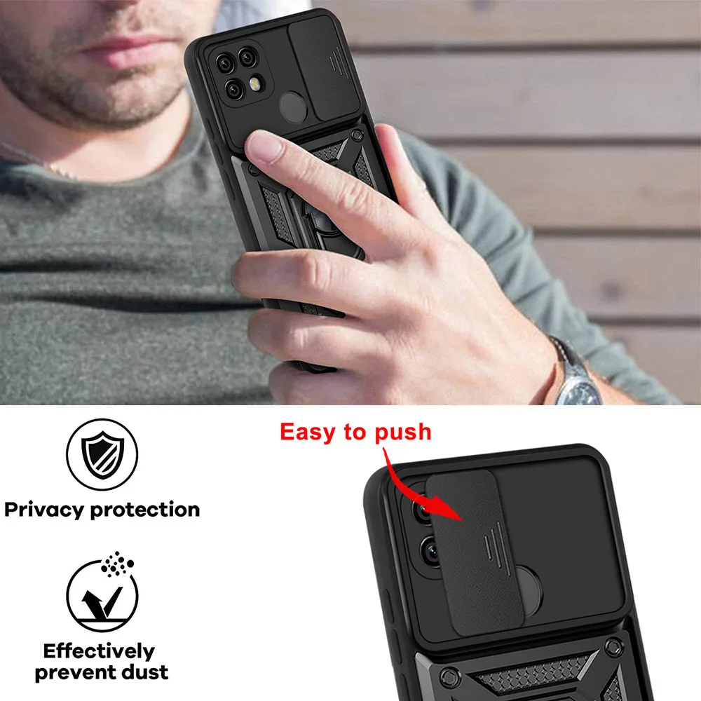Shockproof Armor Case with Ring Holder and Slide Lens Cover Protection