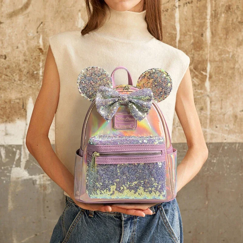 

MINISO Disney Leather Mickey Women Shoulder Backpack Minnie Lady Bags PU Leather Women Pink Backpack Handbag Schoolbag for Girls