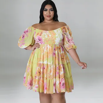 European and American large-size women's clothing summer new products sexy one-word shoulder print dress